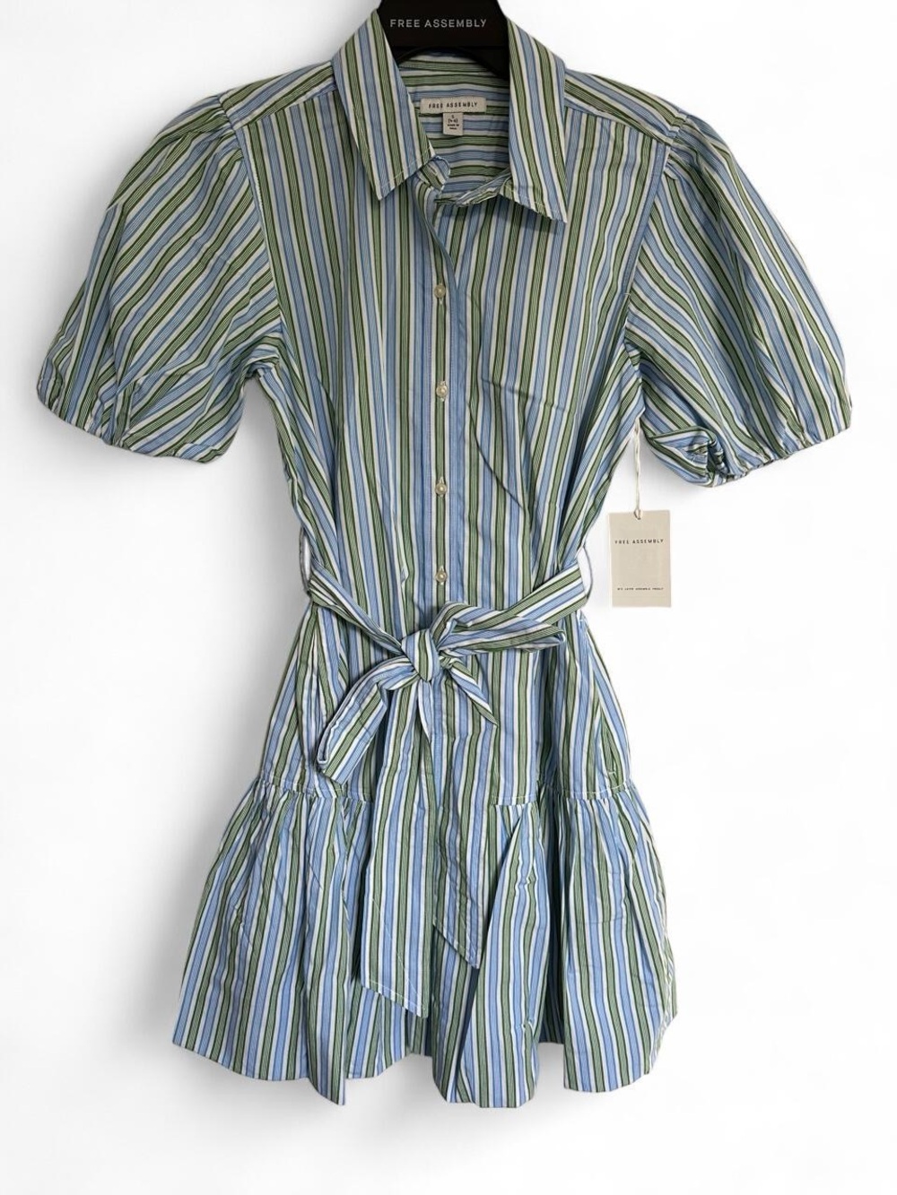 Free Assembly Green and Blue Striped Mini Shirt Dress